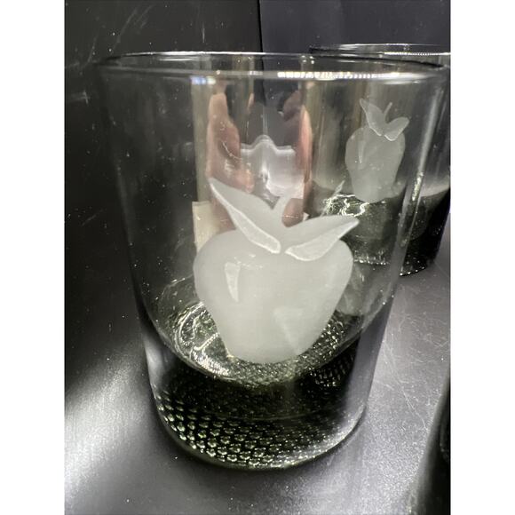 Smoke Gray Lowball Old Fashioned Etched Fruit Juice Barware Whiskey Set Of 5 - Picture 7 of 14